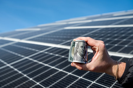 hand of a young man holding dollars to pay for the installation of new solar panels. Concept of green electricity. saving electricityの写真素材