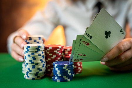 woman who knows how to play poker perfectly sits at a poker table with cards and chips. money game...