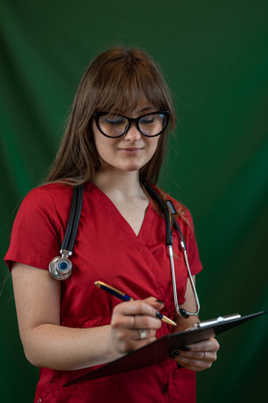 Pretty young nurse wear uniform holding stethoscope and clipboard with documents isolated. Health care workersの写真素材