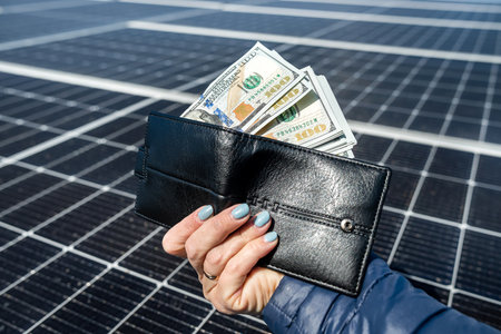 with a hundred bill in his hand shows the solar panels at the station which reflect the sun's rays....