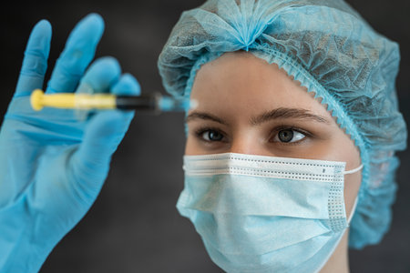 female nurse or intern in uniform, gloves mask and hat holding syringe with vaccine. Medical...