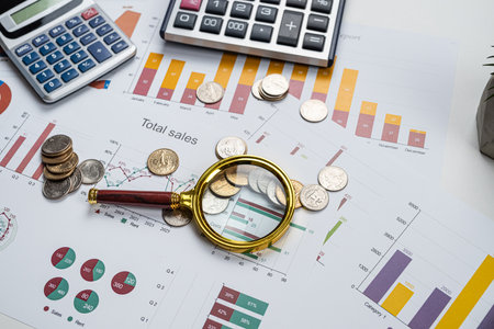 Magnifying glass us coin and calculator on business annual charts documents. Finance concept image,...