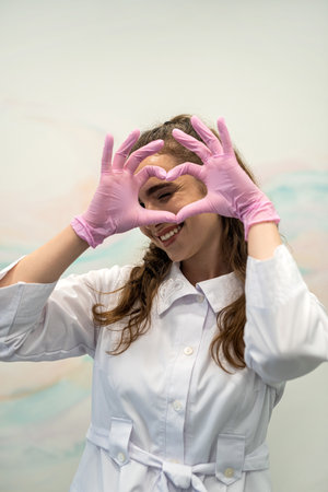 Portrait of happy young woman doctor in medical uniform showing heart love gesture or sign. Smiling female nurse sharing patient care and support.の写真素材