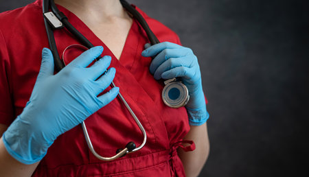 portrait of young female doctor nurse in red coat gloves and hat with stethoscope isolated on dark. Medical healthcare conceptの写真素材
