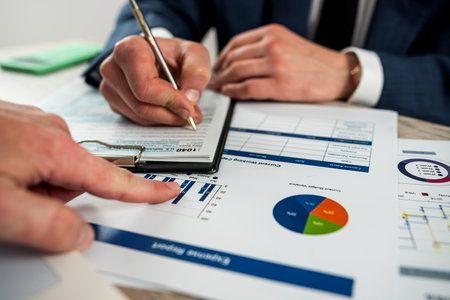 business man work with calculator at annual finance documents at office. business accounting concept