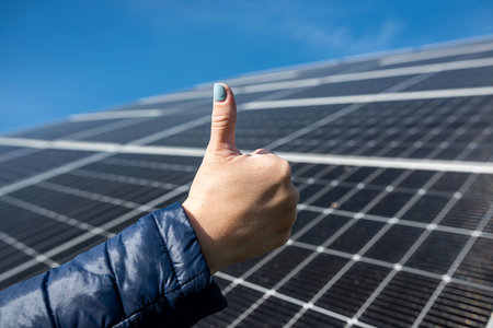 thumb up in the background Solar panel on the roof that produces electricity. concept of green...