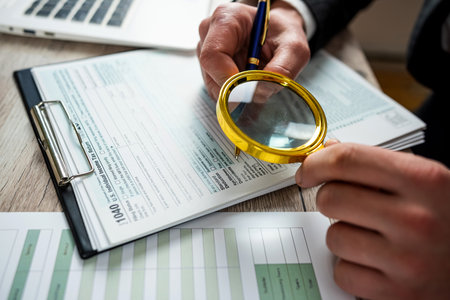 businessman looking 1040 blank tax form using magnifying glass at office. Accounting concept, time...