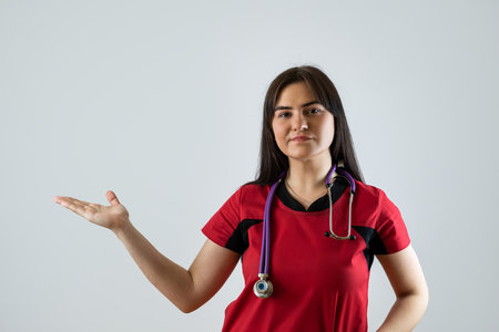 Young female doctor surgeon or nurse wear red uniform, stethoscope presenting with hand and pointing with finger isolated on whiteの写真素材