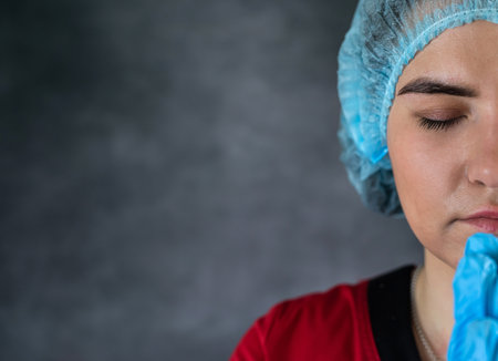 female caucasian doctor praying with head in hands isolated on black. Praying and hoping concept