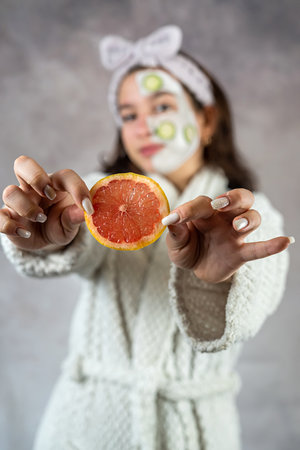 young woman with a face clay mask and grapefruit cucumbers, cosmetic procedure skin care and cleanの写真素材