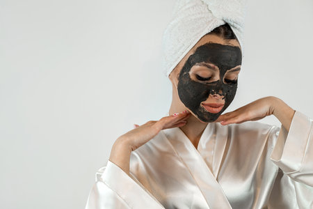 Beautiful girl with mud oy black clay facial mask isolated on white. Skin care, cleaning and moisturising treatment.の写真素材