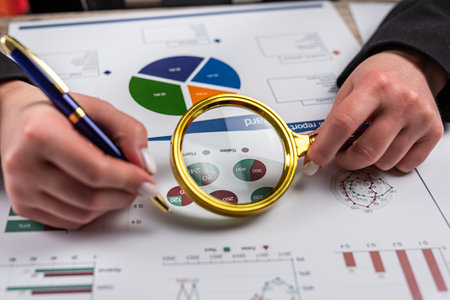 female manager working with business graph paper documents. Accounting annual company's financial resultsの写真素材
