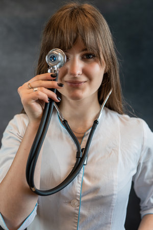 Portrait of female general practitioner or doctor with stethoscope isolated on dark, coronavirus pandemic concept. Medical personalの写真素材