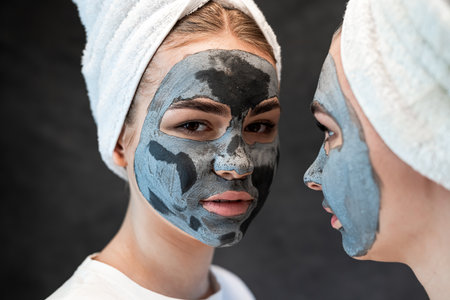 Friends female people make mud clay mask as anti aging treatment isolated on black. Spa wellness. Stay beautiful, healthcare groomingの写真素材