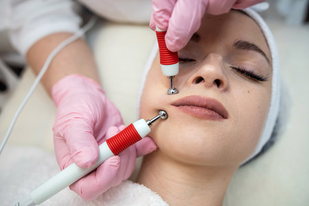 beautician performing microcurrent stimulation young woman on face at spa clinic. Concept of...