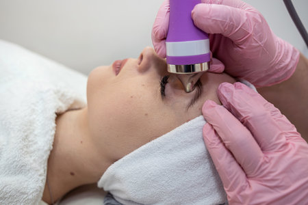cosmetologist make rejuvenation procedure on face with hardware, ultrasound procedure. Beauty...