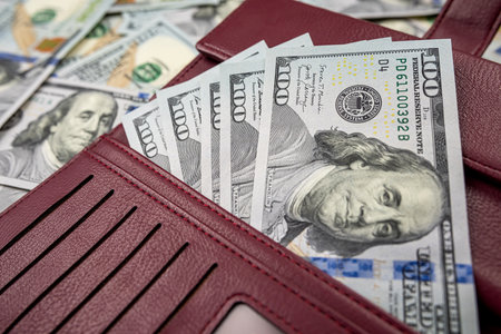 Full wallet of dollar lying on us money banknotes, financial wealth saving investment conceptの写真素材