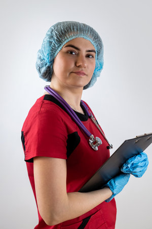 young female nurse wearing red uniform with stethoscope hold clipboard isolated on white background. Medical conceptの写真素材