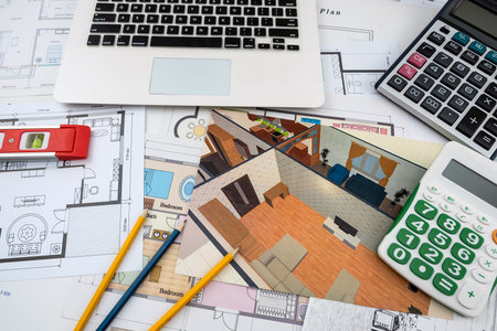 beautiful sketches of drawings for new houses scattered on the table. Design conceptの写真素材