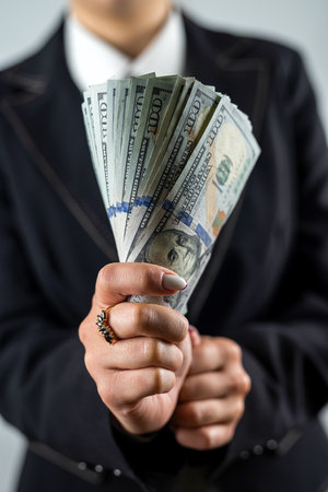 view of female hands in jacket showing pile of dollar banknotes and celebrating isolated on plain...