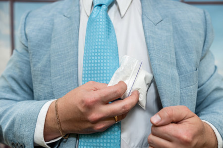 Young business man in suit hold package with cocaine drugs. illegal narcotic conceptの写真素材