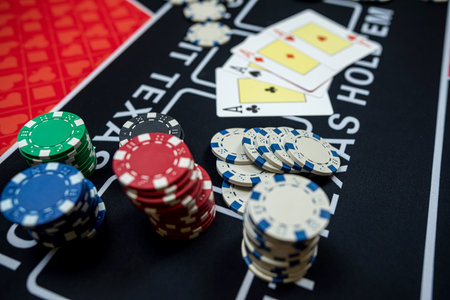 win poker combination cards and stack of chips on black casino club. Big bet of poker game money