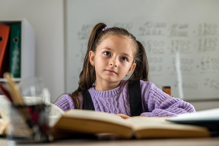 smiling girl student with many books at school at desk. Education and school conceptの写真素材
