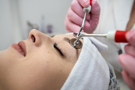 Young pretty woman receiving facial performing microcurrent stimulation treatment at spa clinic....