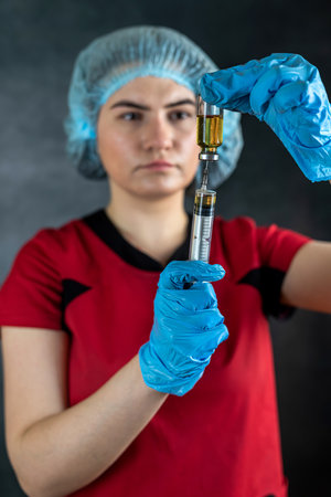 Woman doctor holding syringe with vaccine isolated on black. Medical worker portrait, healthcare...