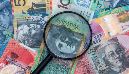 magnifying glass on color different aud australian banknotes, financial concept. AUD Moneyの写真素材