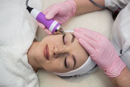 Young woman applying apparatus phonophoresis procedure on face. Hardware face cleaning procedure.の写真素材