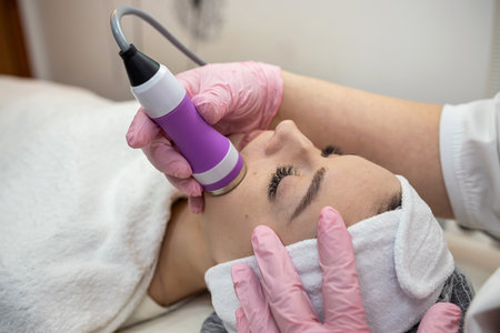 cosmetologist make rejuvenation procedure on face with hardware, ultrasound procedure. Beauty treatmentの写真素材
