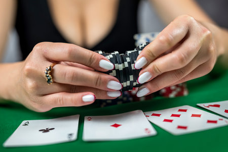 beautiful woman in an evening black dress plays poker in a casino at a green table. Takes a bet on all chips. poker is a game of chance.の写真素材