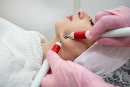 beautician performing microcurrent stimulation young woman on face at spa clinic. Concept of...