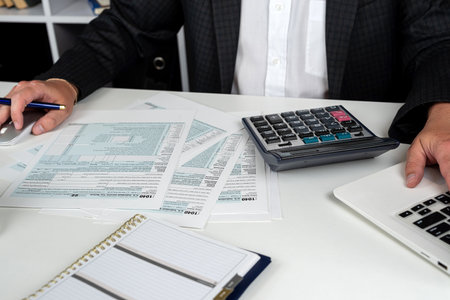 man hand using calculator for accounting individual income 1040 tax form. April season to pay taxの写真素材