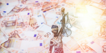 financial judgment with wooden judge's hammer and stack of eu euro banknotes. Top viewの写真素材