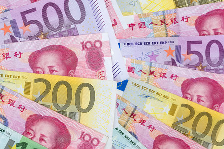 World money - China yuan and Euro paper banknotes. Investmentの写真素材