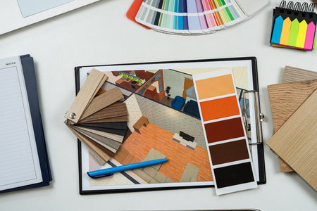 wooden color samples with drawing sketch plan on office desk , creative work. Work on technical drawingsの写真素材