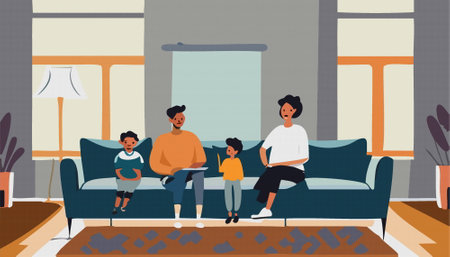 Smiling  happy young family with child on sofa in the living room, vectorのイラスト素材