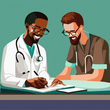Man doctor talk discuss results or symptoms with his patient in office. Vectorのイラスト素材