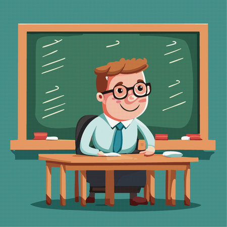 Young man teacher sit at desk against blackboard, education concept. Vector illustrationのイラスト素材