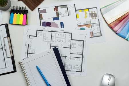 interior design with blueprint wooden color sampler and other tools, office workplace. Concept on...