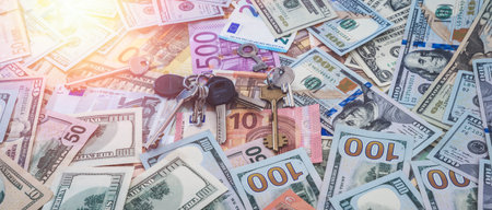 Long banner paper money euro dollar banknotes. Currency background with tilt-shift effect banner....