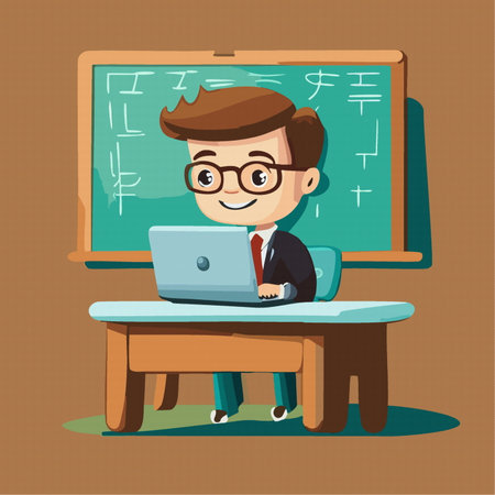 Young male teacher sits at a table and conducts online education from a laptop and a blackboard. Distance learn, vectorのイラスト素材