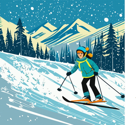 Sportsmen skier doing ski freestyle ride in forest, snow mountain landscape, vector eps 10のイラスト素材