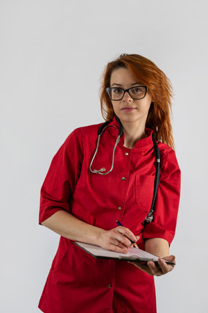 Portrait of young female nurse or doctor with stethoscope holding clipboard, healthcare workersの写真素材