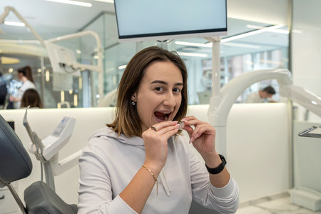 Close-up of a young Caucasian woman holding an invisible aligner that she wants to put on her teeth....