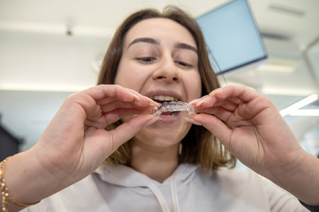 Close-up of a young Caucasian woman holding an invisible aligner that she wants to put on her teeth. Dental treatment concept.の写真素材