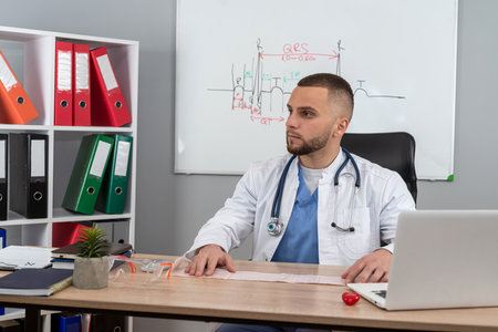 Portrait of man doctor therapist practitioner in white coat and stethoscope working at desk alone in modern clinic. Distance medicine conceptの写真素材