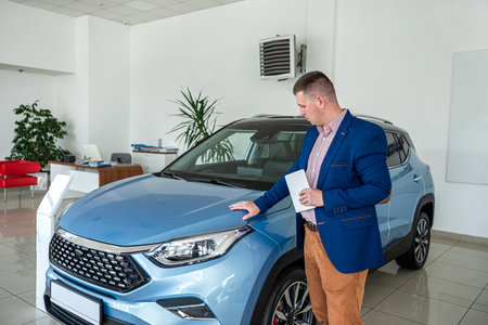 Smiling businessman choosing best modern car at showroomの写真素材